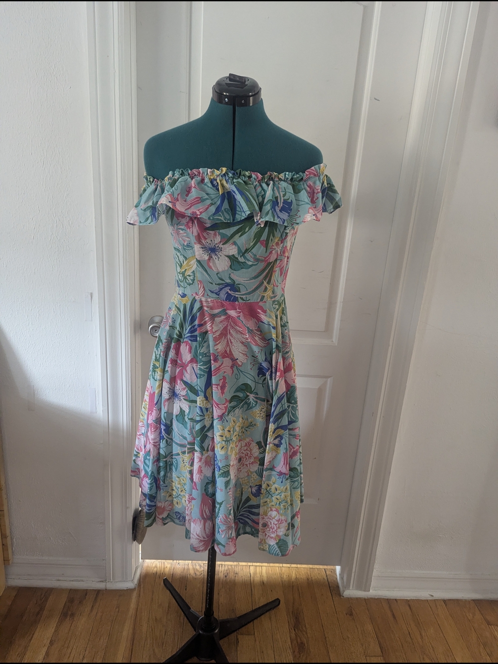 Off-Shoulder Floral Sundress in Aqua